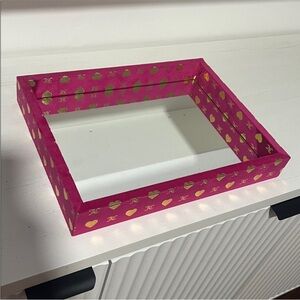 Juicy Couture Trinket Table Mirror Tray Hot Pink and Gold JC Crowns Decor